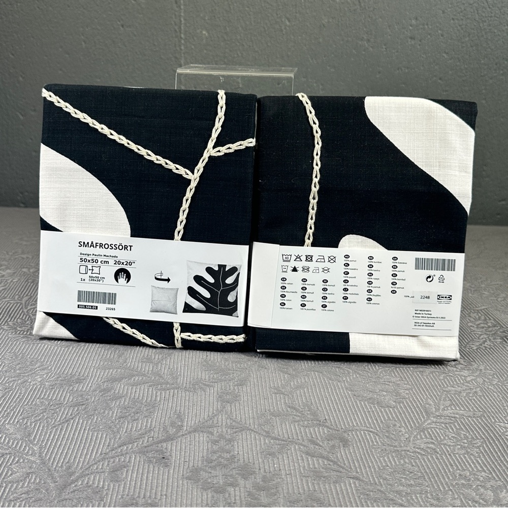 IKEA SMAFROSSORT Two Pillow Cushion Cover 20x20 Leaf Embroidered Off-White/Black - Picture 2 of 5